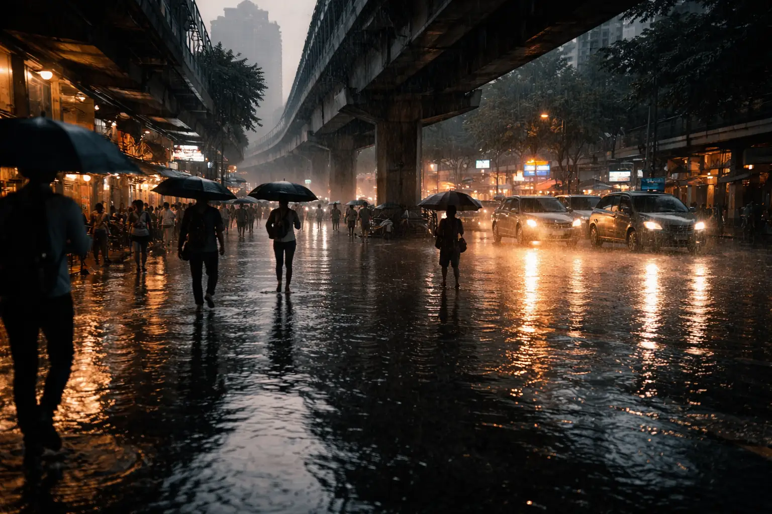 Bangkok street during monsoon rain — everyday conditions that can complicate relocations and shipping timelines