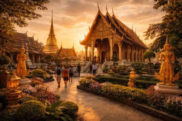 Thai temple travel scene evoking the aspirational holiday imagery used to promote Thailand to overseas travelers in the pre-internet era