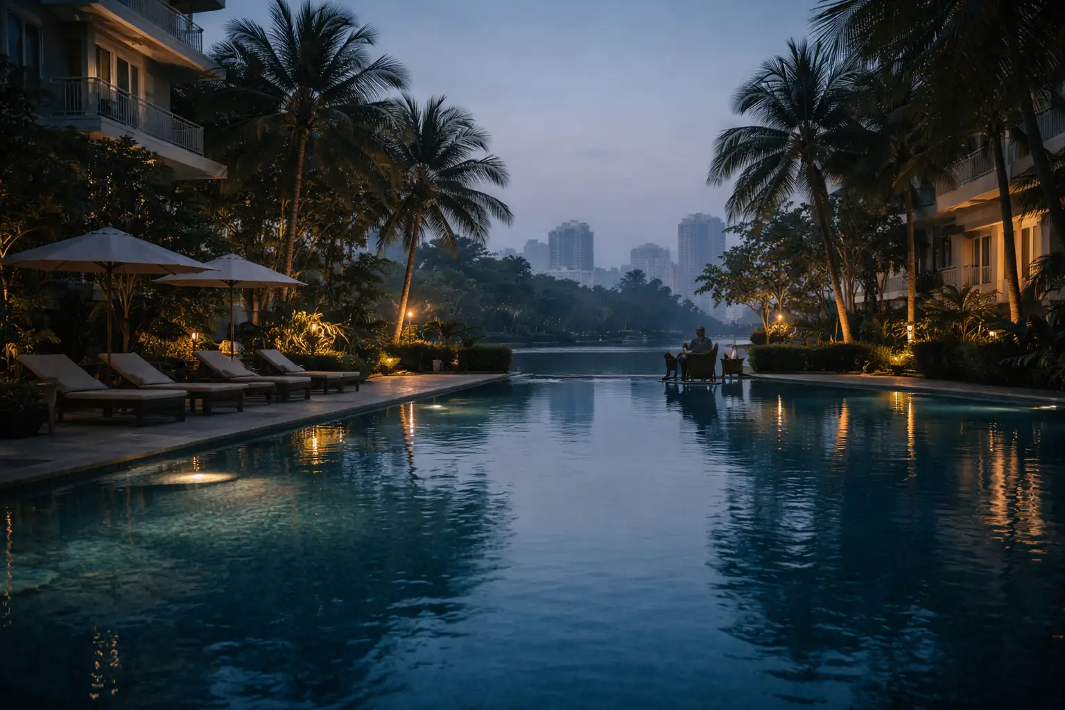 Condominium pool area in Thailand at night — aligning shipping delivery with lease start dates and move-in timelines