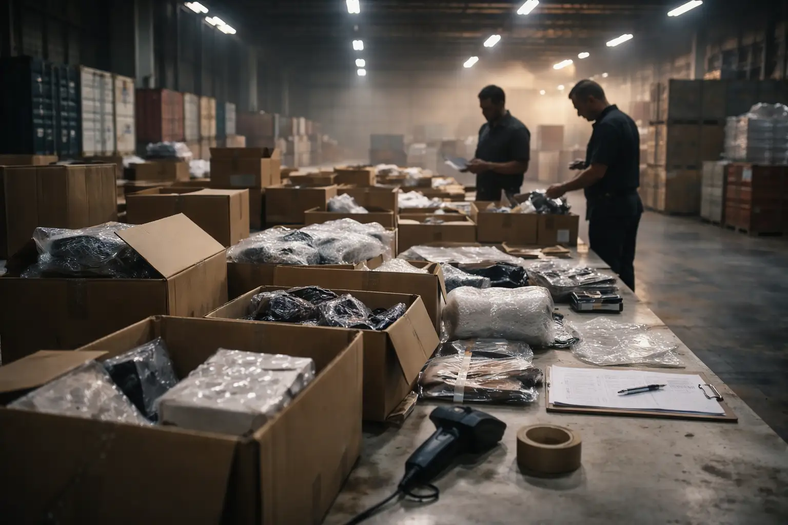 Customs clearance inspection with opened cartons — officers verifying shipment contents against paperwork