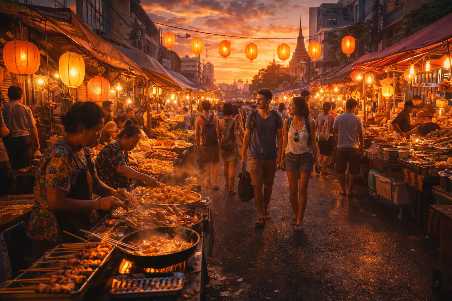 Busy Thai market scene showing local commerce, cultural exchange, and everyday street-level spending in Thailand
