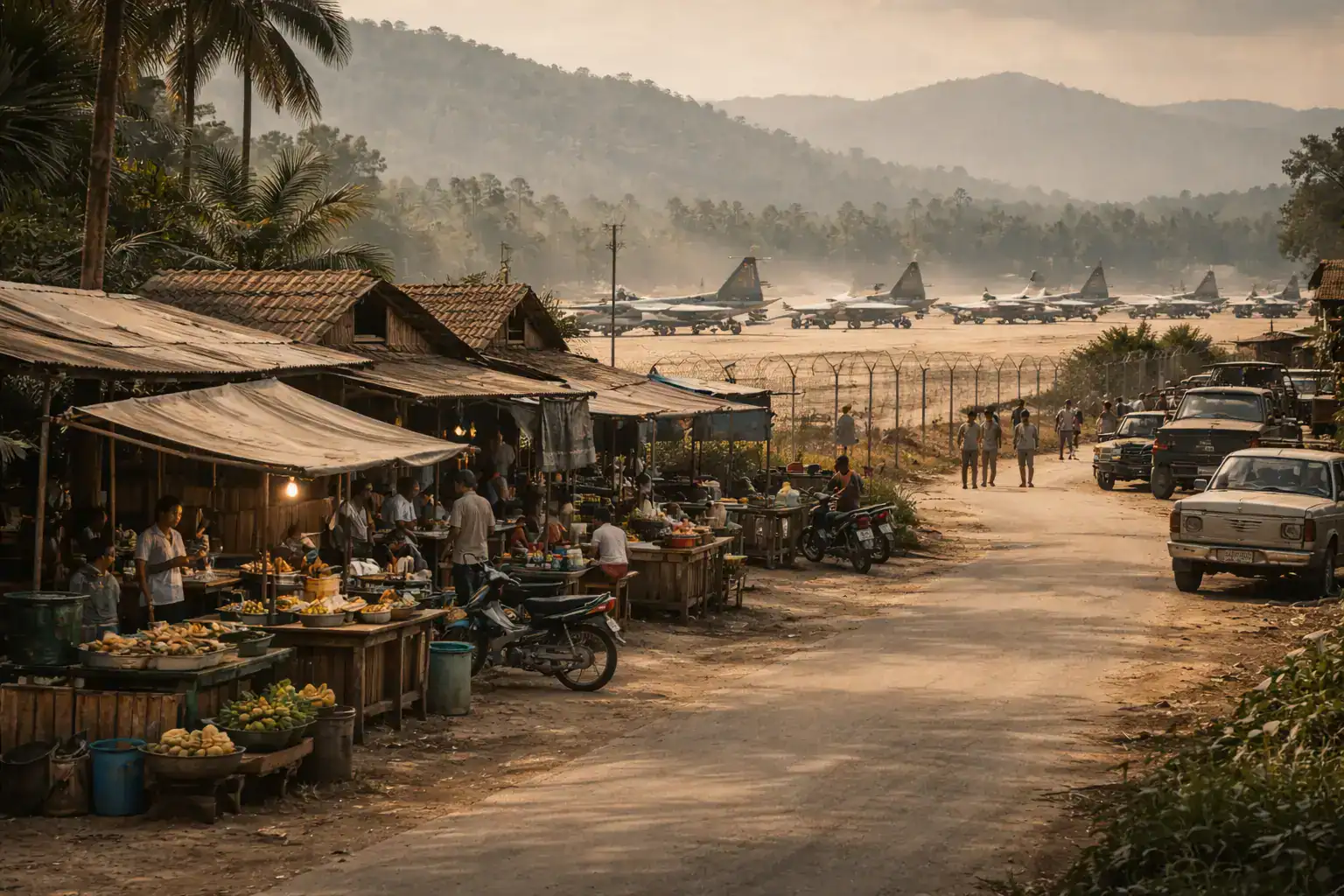 1970s U.S. airbase operations in Thailand during the Vietnam War, with roadside vendors and early tourism services forming outside the military perimeter, seeding Pattaya and Bangkok’s service economy