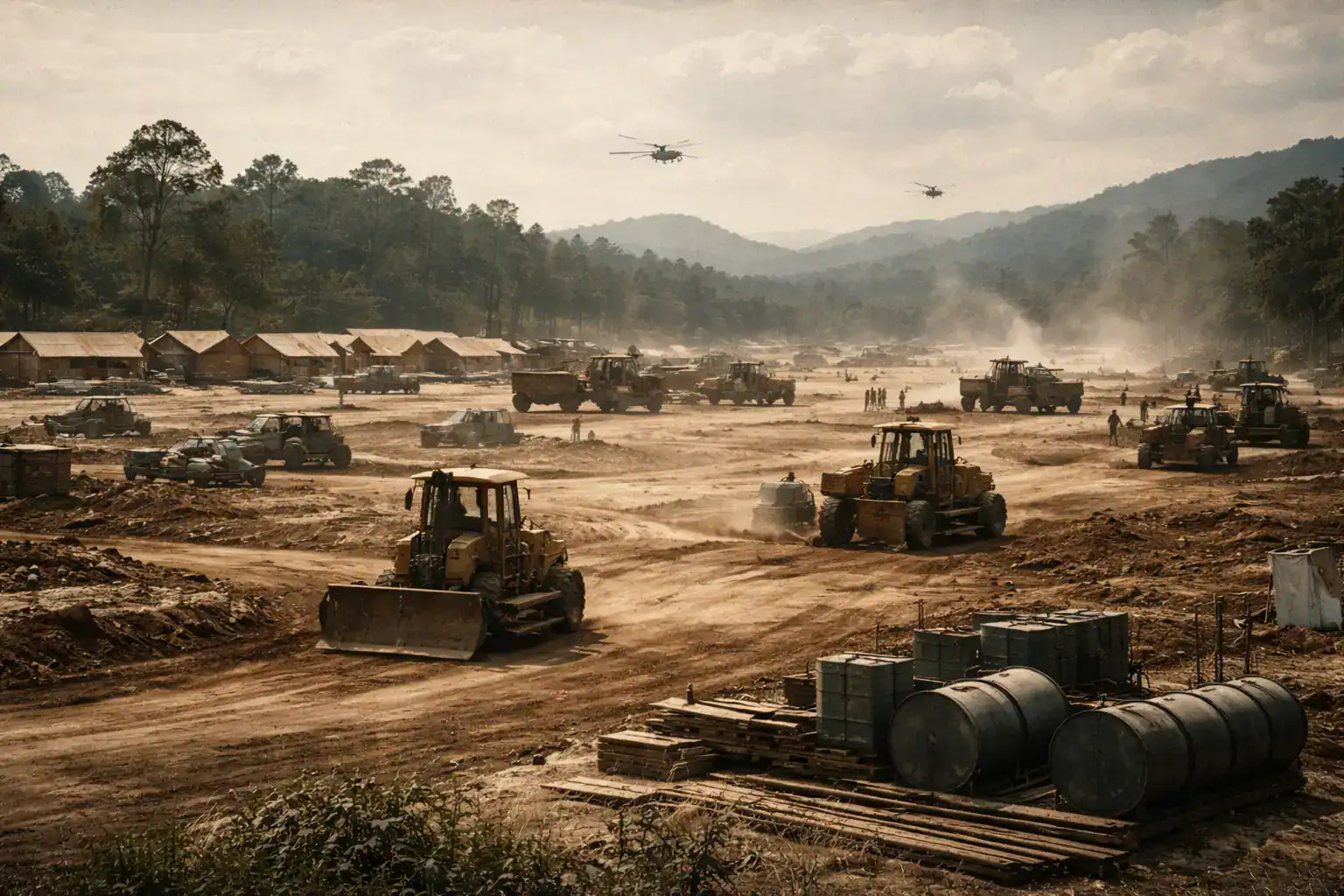 1960s construction of U-Tapao and other U.S. military airbases in Thailand during the Vietnam War era, showing runway groundwork and early infrastructure later reused for commercial aviation and tourism logistics