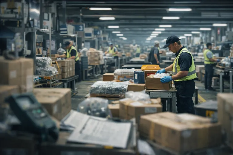 Workers processing cargo inside an Australian biosecurity inspection centre