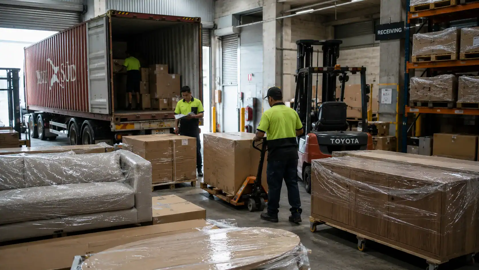 Workers in hi-vis uniforms loading wrapped furniture pieces into a shipping container at an Australian receiving warehouse.