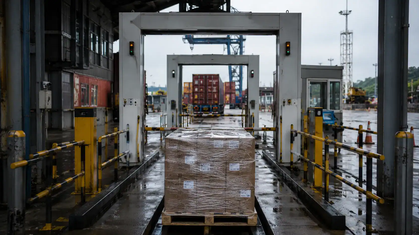 Shipping container on a customs scanner gate with palletized cargo on rails, representing the documentation checkpoints required for shipping to Thailand.