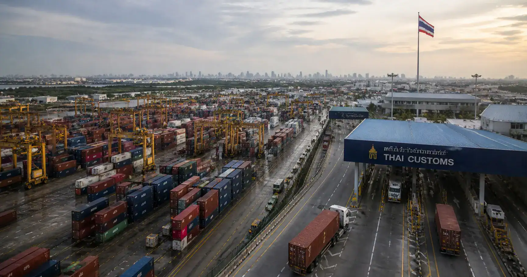 Aerial view of Thai Customs gate at Bangkok port with stacked shipping containers and the Thai flag, illustrating how Thai customs holds shipments for review.