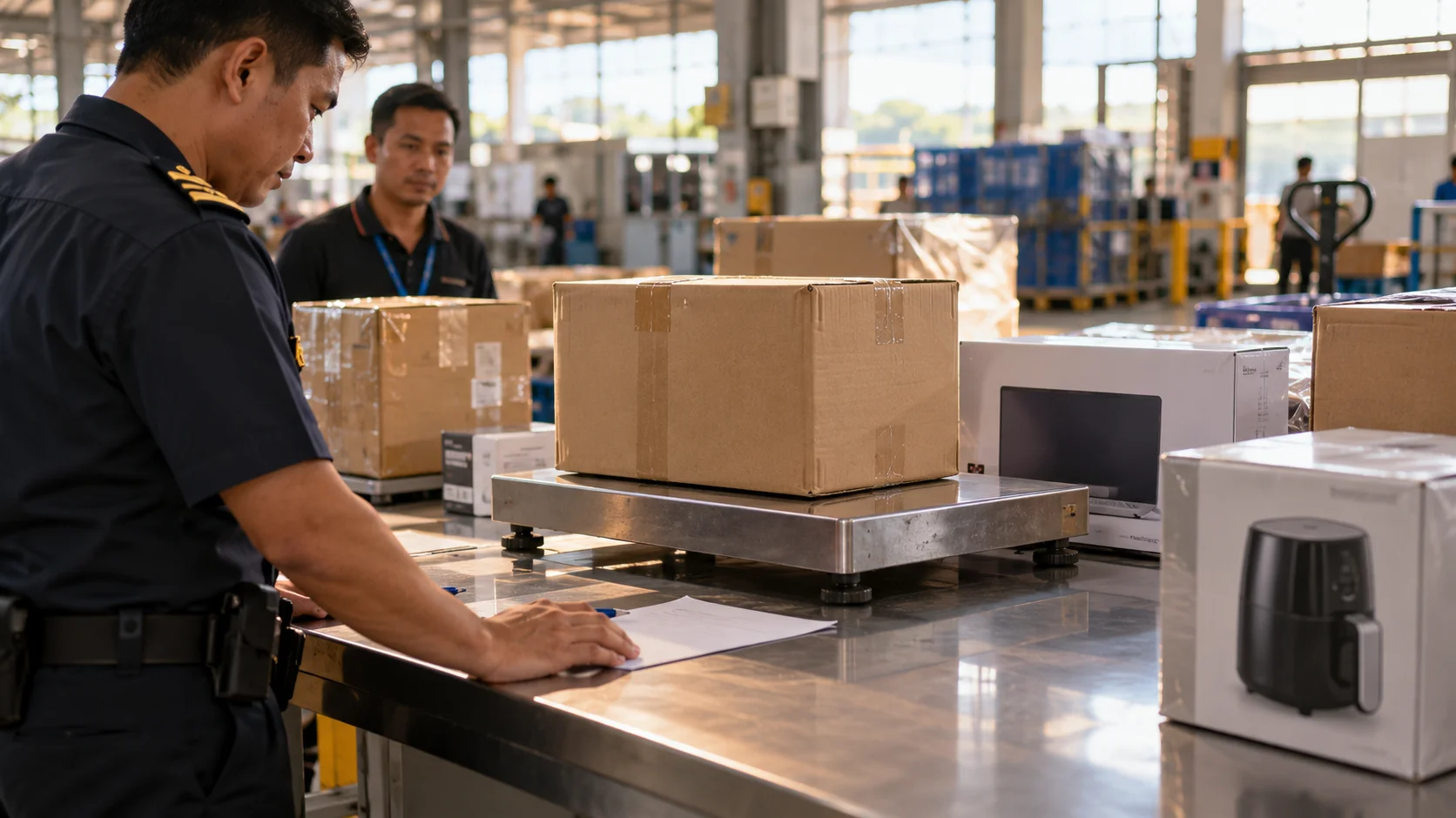 A customs valuation bench inside a Thai processing facility: an ordinary, fully compliant household shipment — boxed electronics and a small kitchen appliance — being