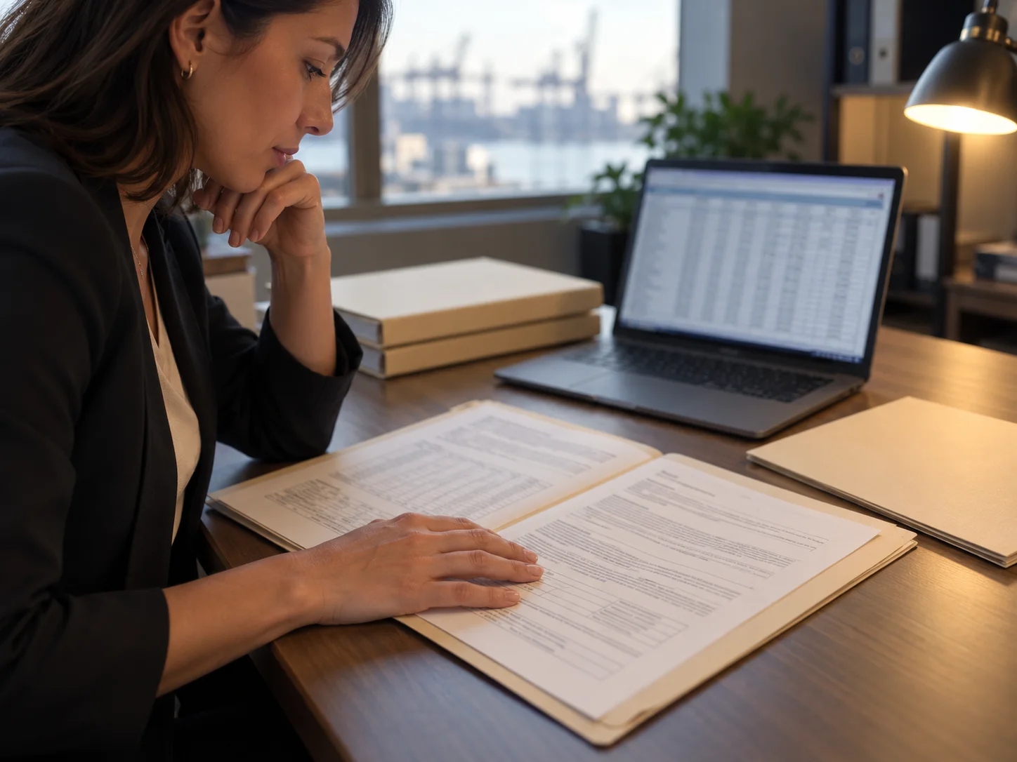 Woman at a desk reading a document in an open file folder beside a laptop spreadsheet, a port skyline in the window