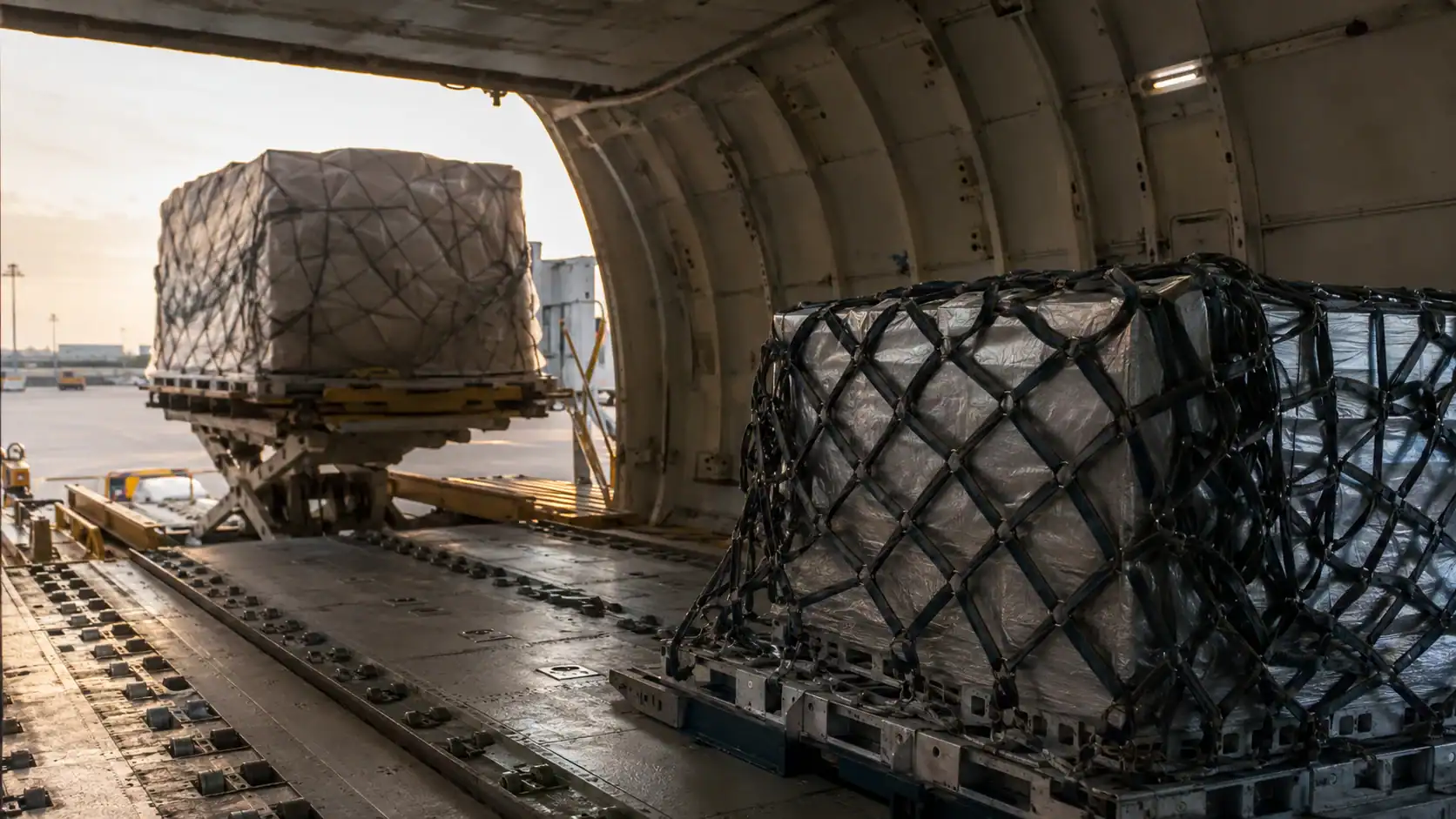 Two large netted air cargo pallets inside an aircraft's cargo hold, one positioned on a loader at the open door ready for transfer