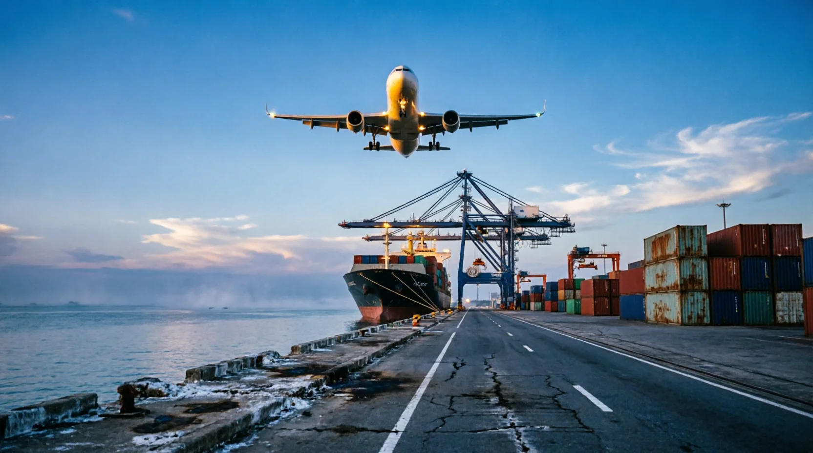 Avion cargo en approche au-dessus d'un porte-conteneurs amarré dans un port côtier thaïlandais au crépuscule