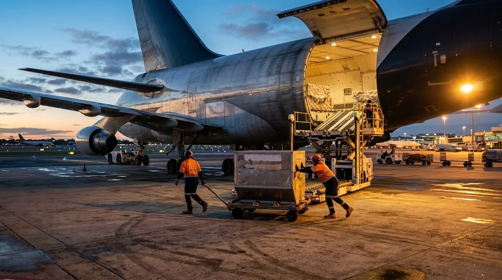 Palletised cargo loading into a freighter aircraft, the fast and expensive end of the air versus sea decision