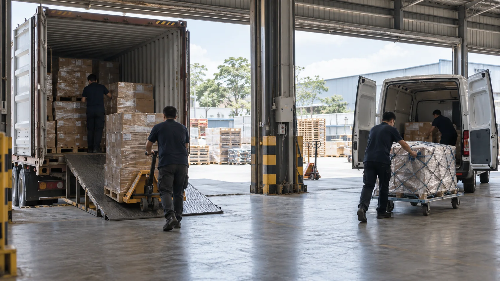 Sea freight base stock being broken down for van delivery under a hybrid sea and air model