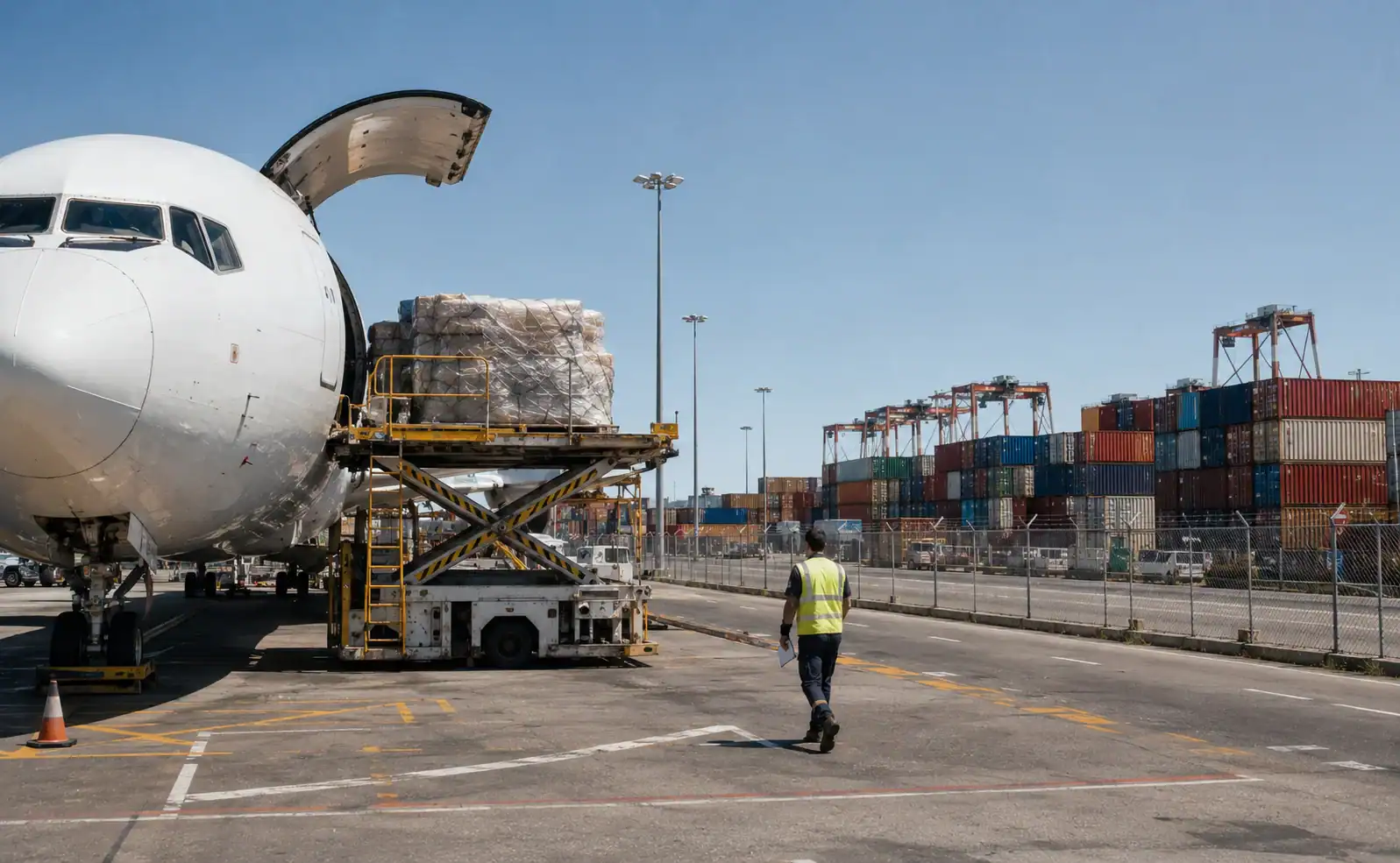 Split image showing an air cargo plane on one side and a container ship on the other, with an Australian port or airport terminal visible