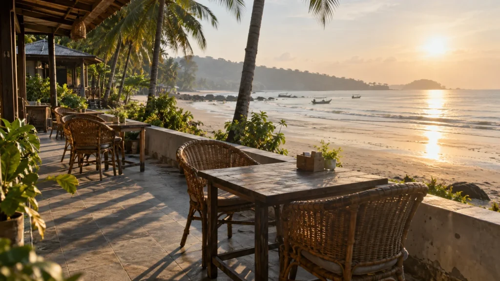 Early morning light on an empty beachfront hotel terrace in Thailand with rattan chairs and palm shadows