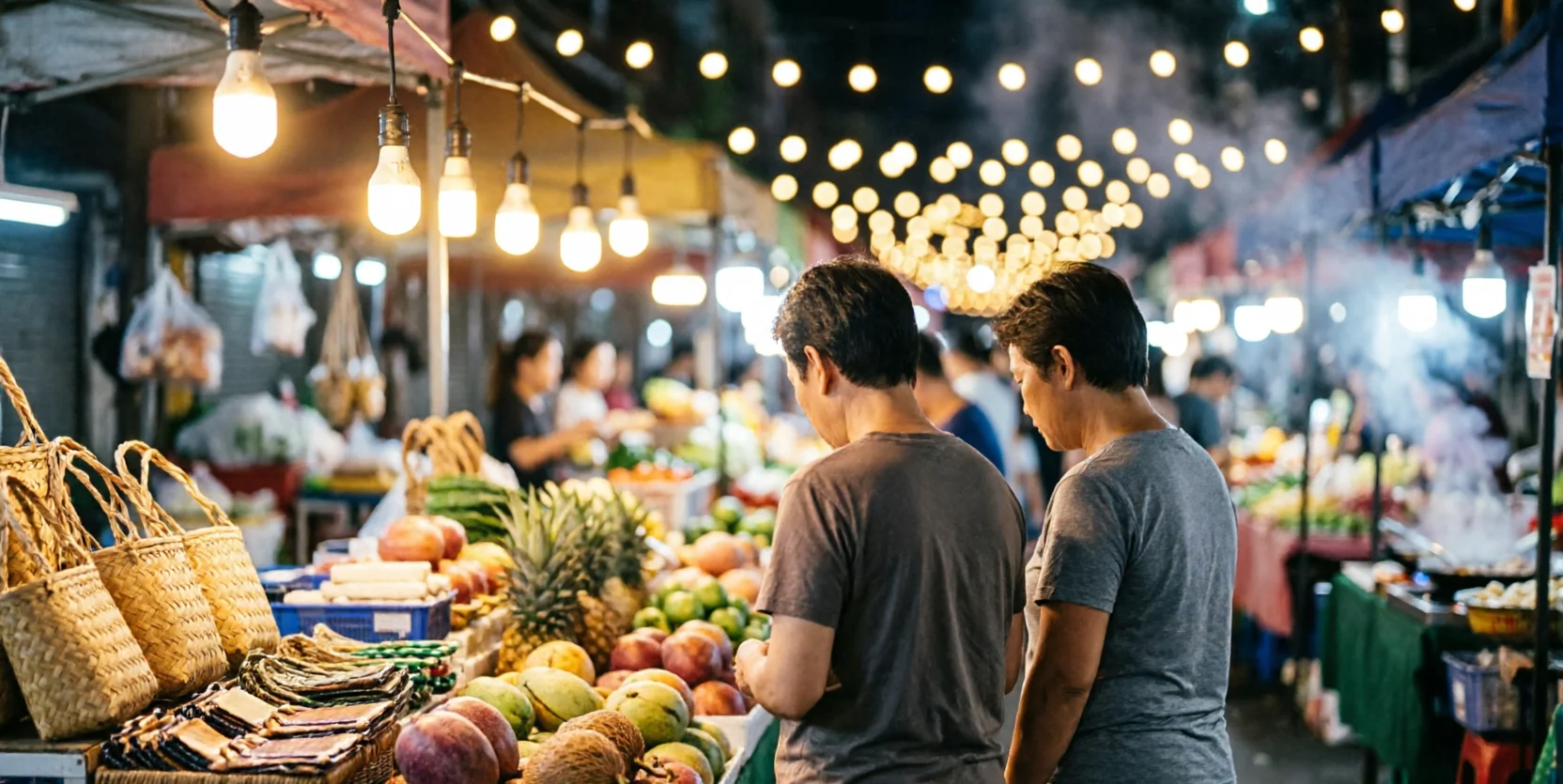 Two people browse a fruit stand piled with pineapples and mangoes at a warmly lit night market.