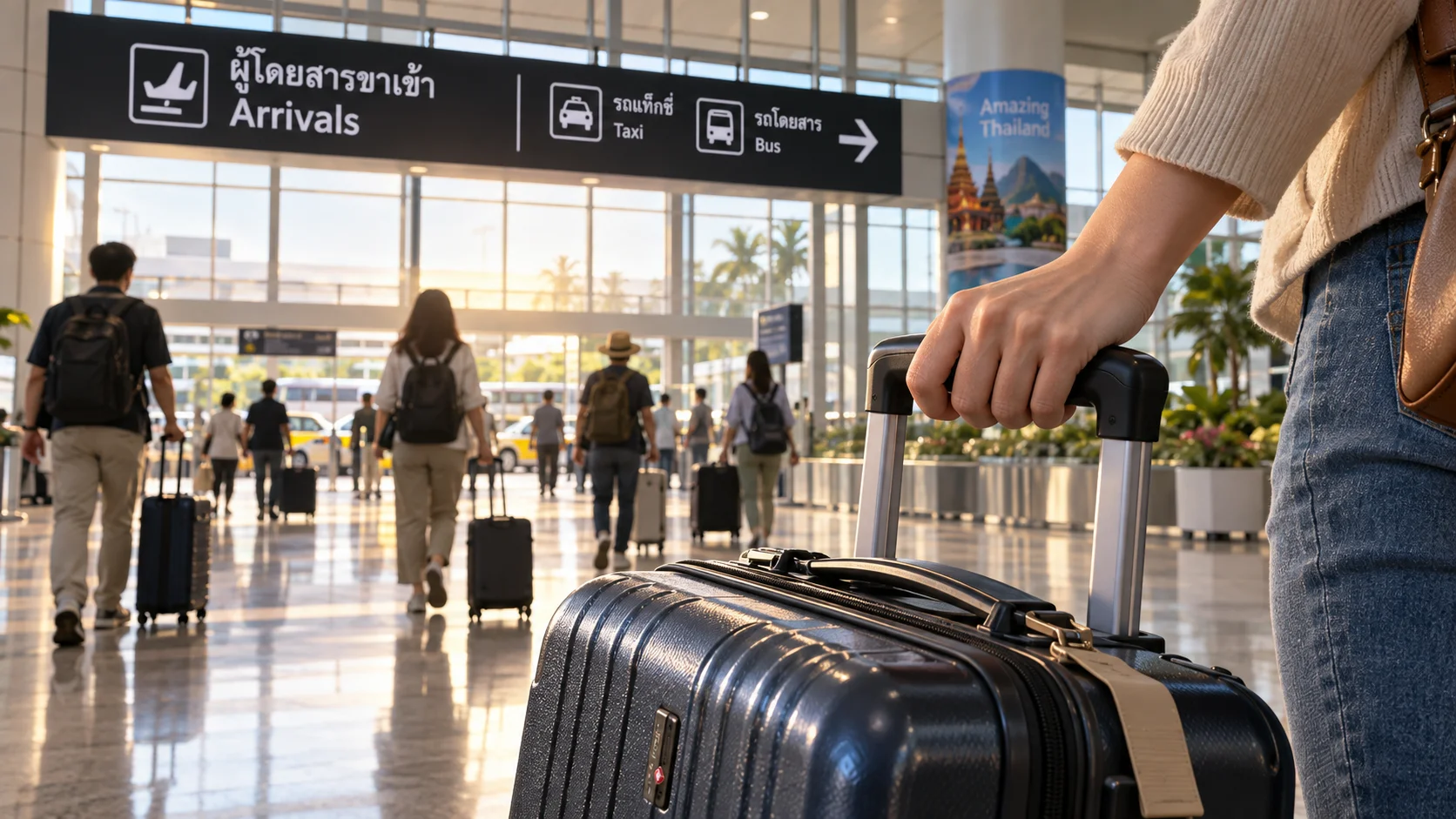 Inside a mid-sized regional Thai airport arrivals hall, morning light streams through tall windows onto a modestly busy but orderly floor, a handful of travelers with