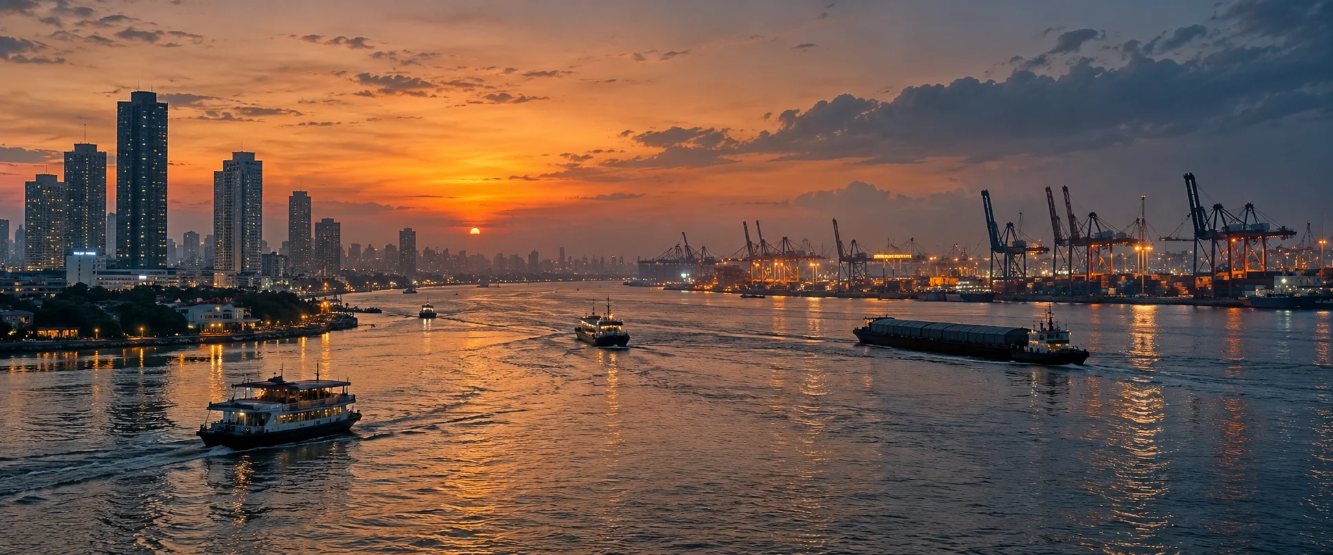 A dusk skyline and river view shows illuminated boats passing between a city skyline and port cranes.