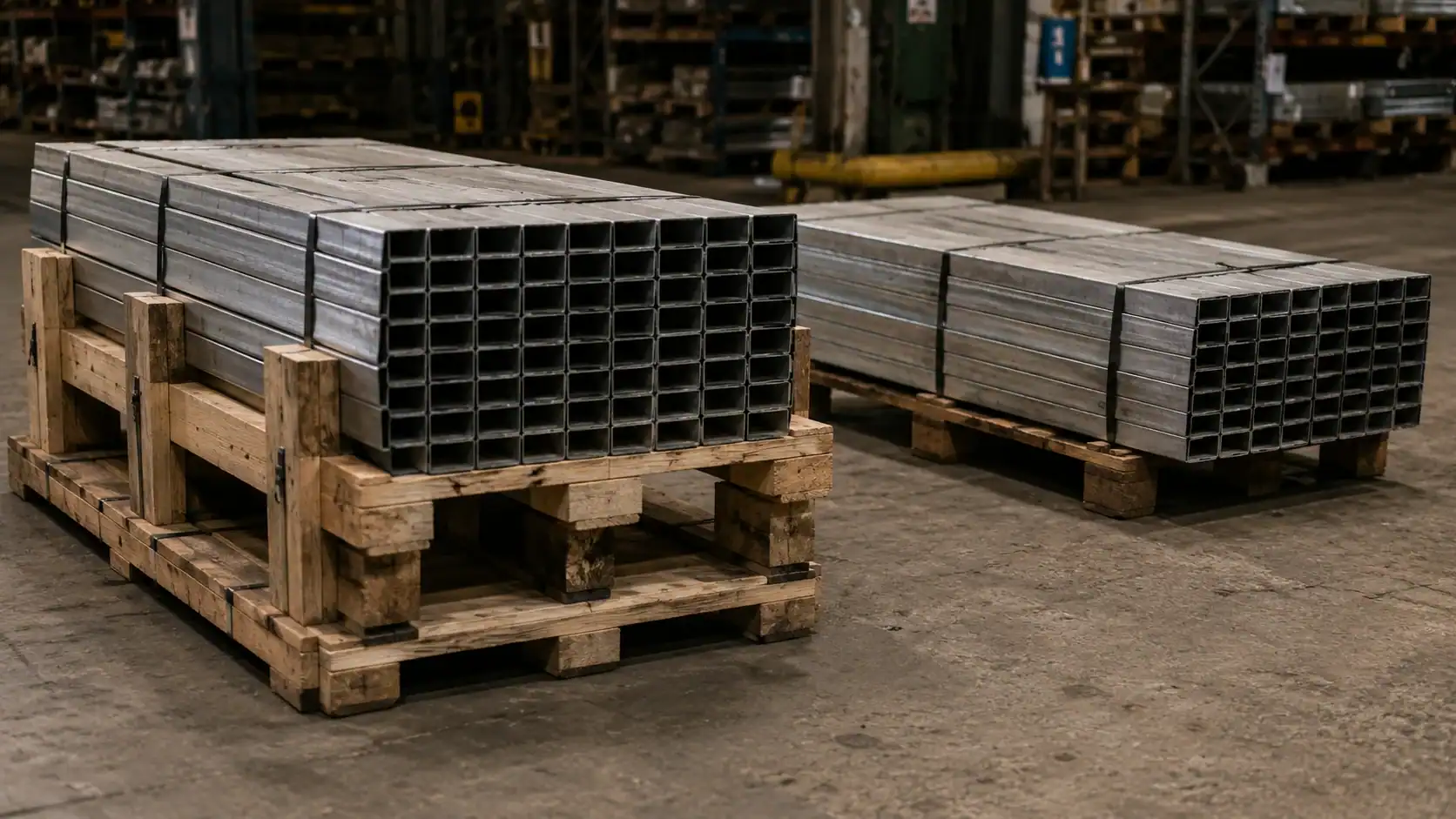 Two visually identical bundles of galvanized steel square tubing on wooden pallets in a warehouse, illustrating how the same product from two different exporters can carry very different anti-dumping duty rates