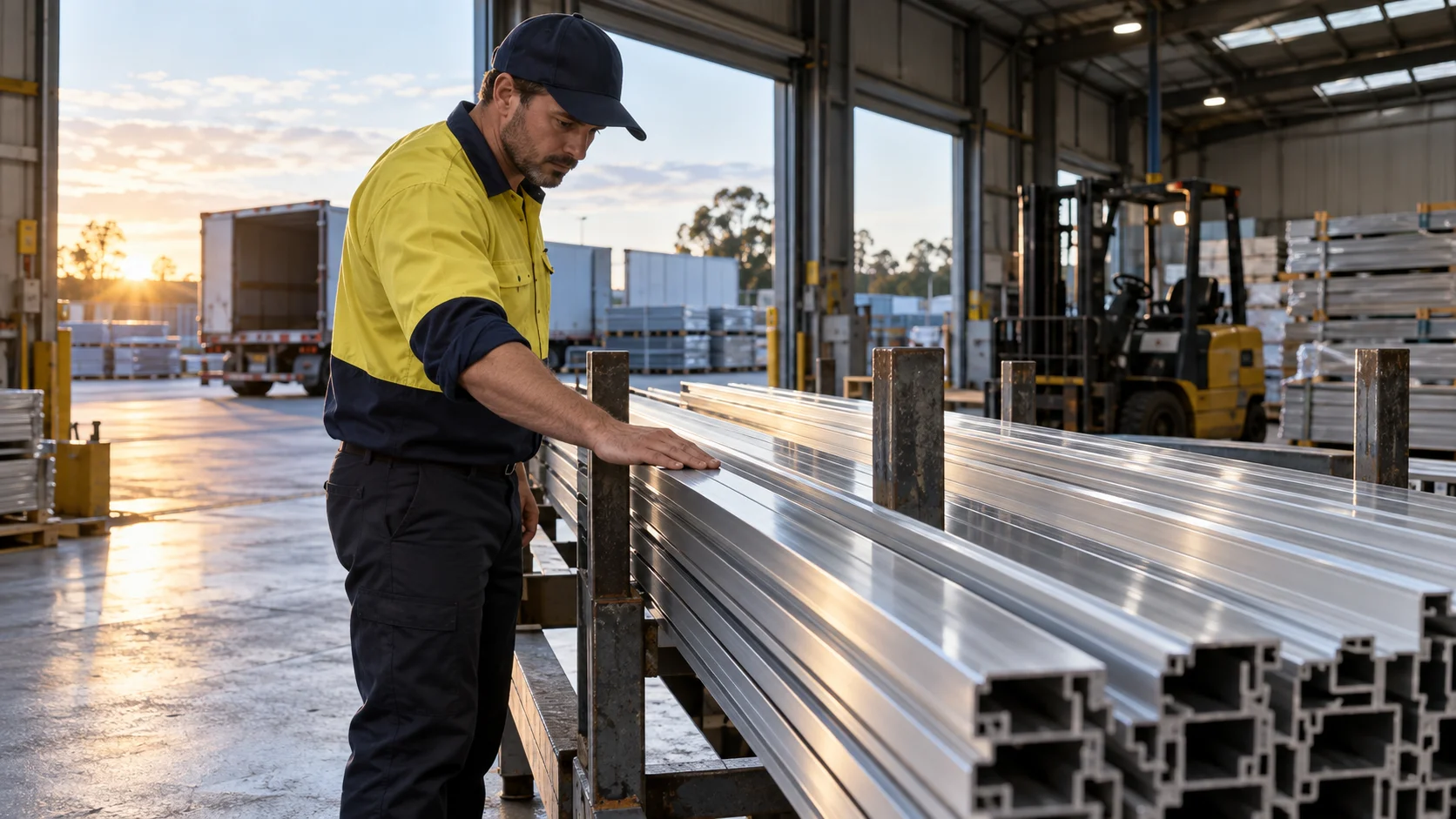 On an Australian receiving dock, a warehouse worker checks a bundle of aluminum extrusions resting in a steel cradle, running a hand along one length to inspect its