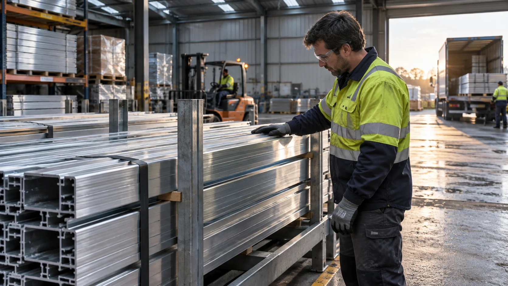 A safety-glassed worker in a hi-vis jacket runs a hand over a bundle of aluminum extrusion bars in a warehouse.