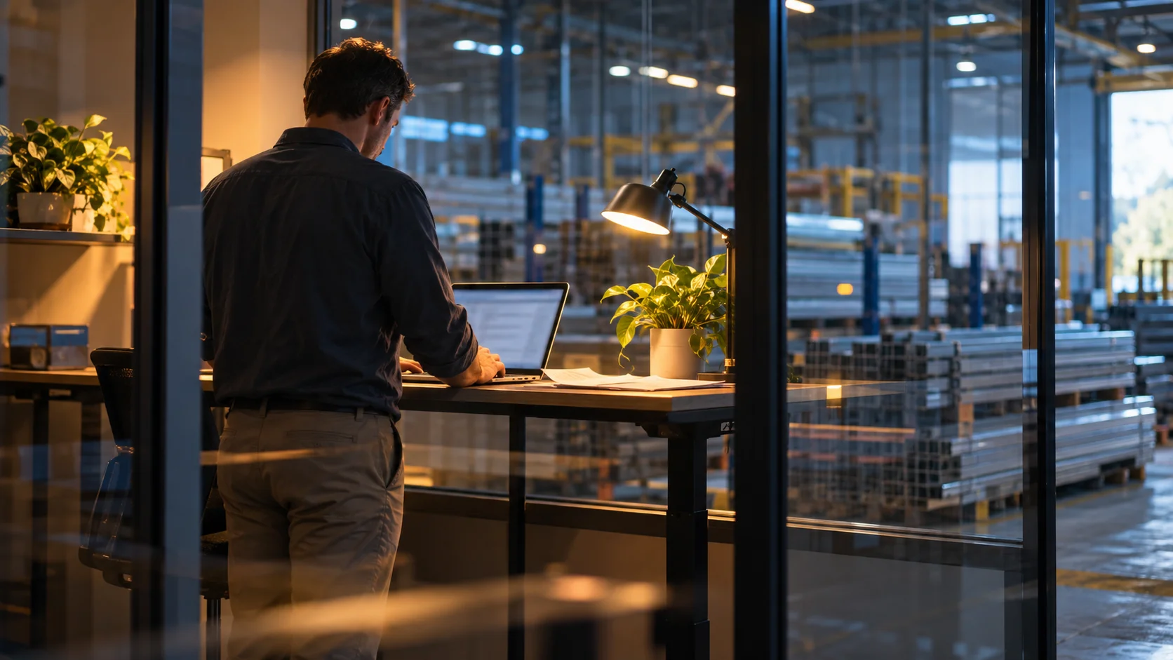 Through a warehouse office's internal glass partition, a procurement staffer is visible reviewing something on a laptop screen at a standing desk, stacked steel or