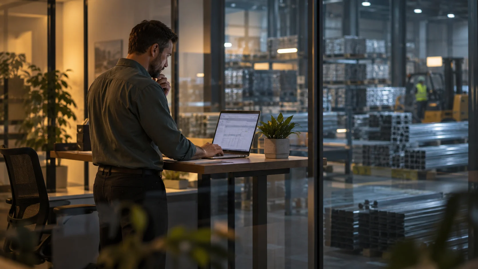 Through an office glass partition, a man reviews a laptop at a standing desk with a metal-stocked warehouse visible beyond.