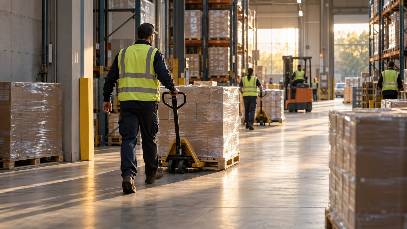 A worker guides a wrapped pallet on a pallet jack back into a warehouse aisle alongside other moving pallets.