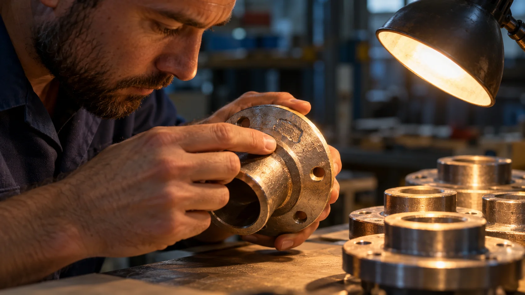 A quality staffer runs a finger along the embossed underside of a metal fitting, checking its stamped origin mark closely under a raking desk lamp, a small stack of
