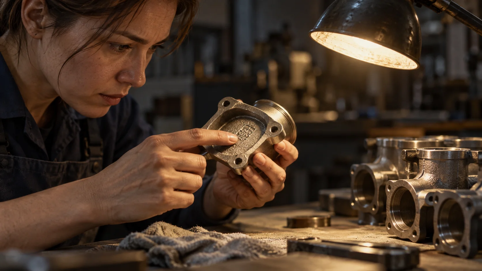 A worker under a desk lamp closely examines an embossed mark on a cast metal fitting, with more fittings blurred behind.