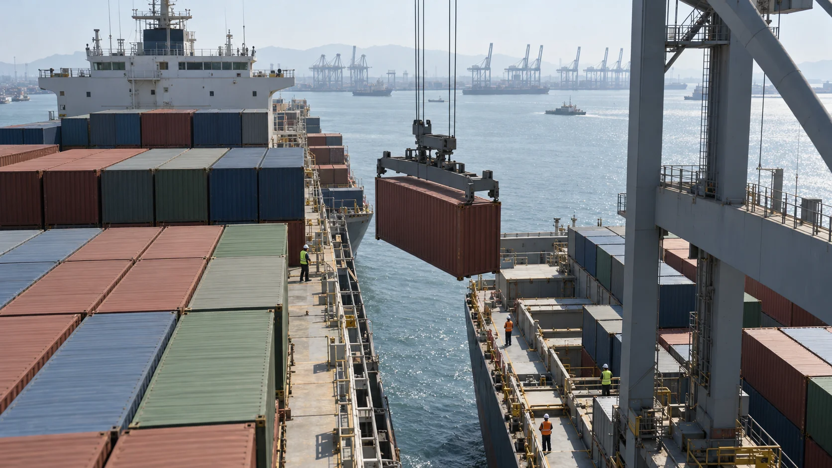 Crane lifting a container between a large container ship and a smaller feeder vessel at a busy port, crew in hi-vis below