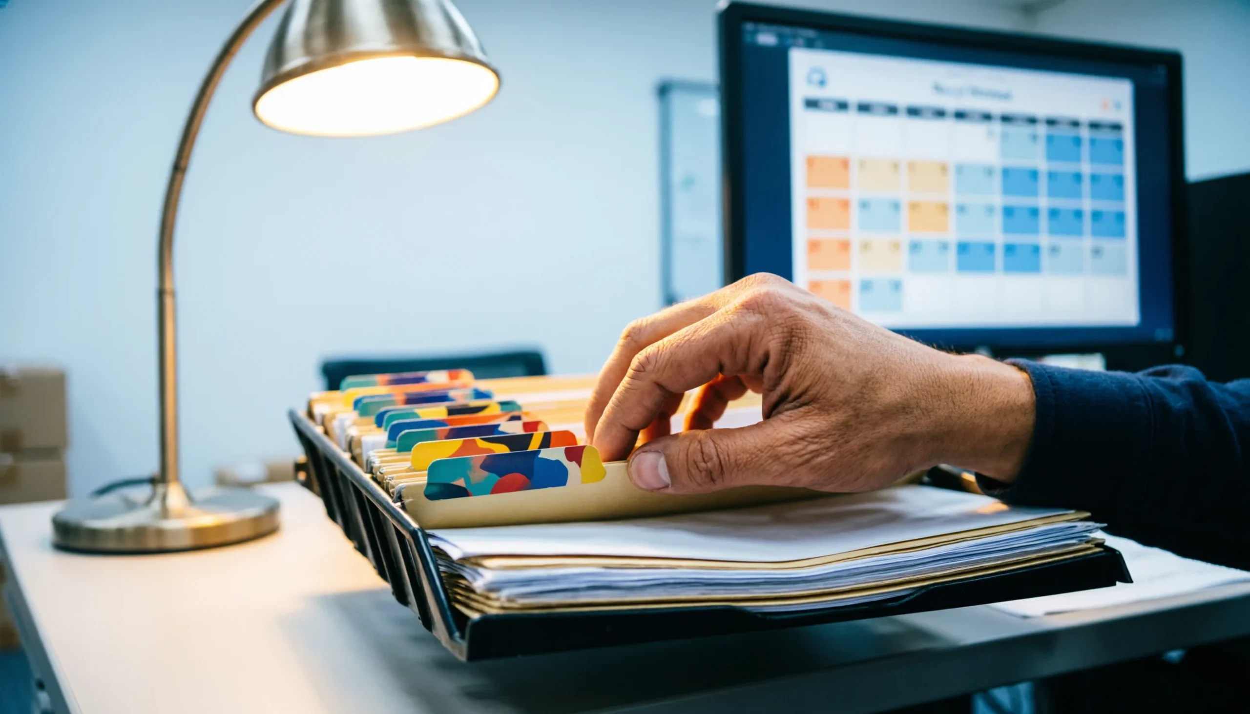 Import compliance manager reviewing a binder of shipment records with color-coded tab dividers, representing an accumulating compliance history