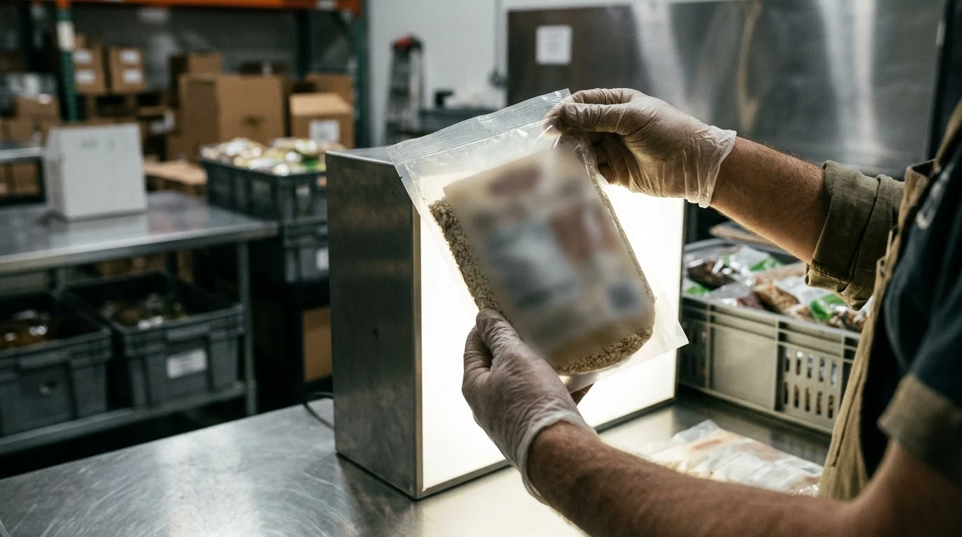 Technician holding a sealed food package up to a light box for quality-control inspection in a food-import warehouse