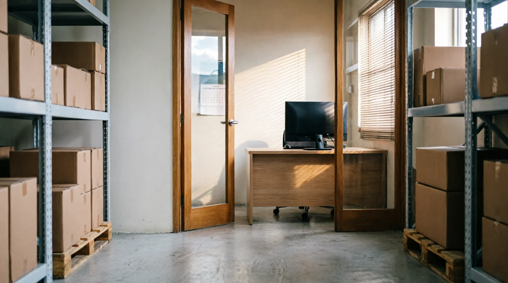 A small customs-broker operations office glimpsed through an open door, a desk with a monitor turned away from camera and a wall calendar visible only