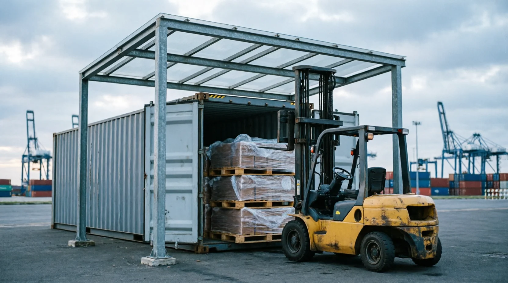 A customs examination bay at an Australian container terminal, a single opened shipping container under an inspection canopy with a forklift positione