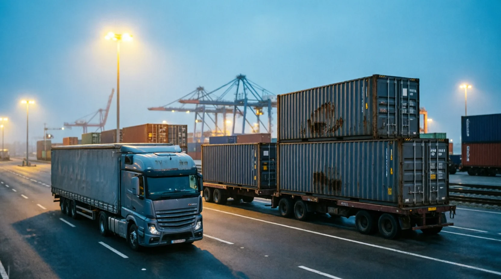 An intermodal rail siding beside a container terminal at dusk, a rake of container wagons partly loaded under sodium-vapor yard lighting mixing with t