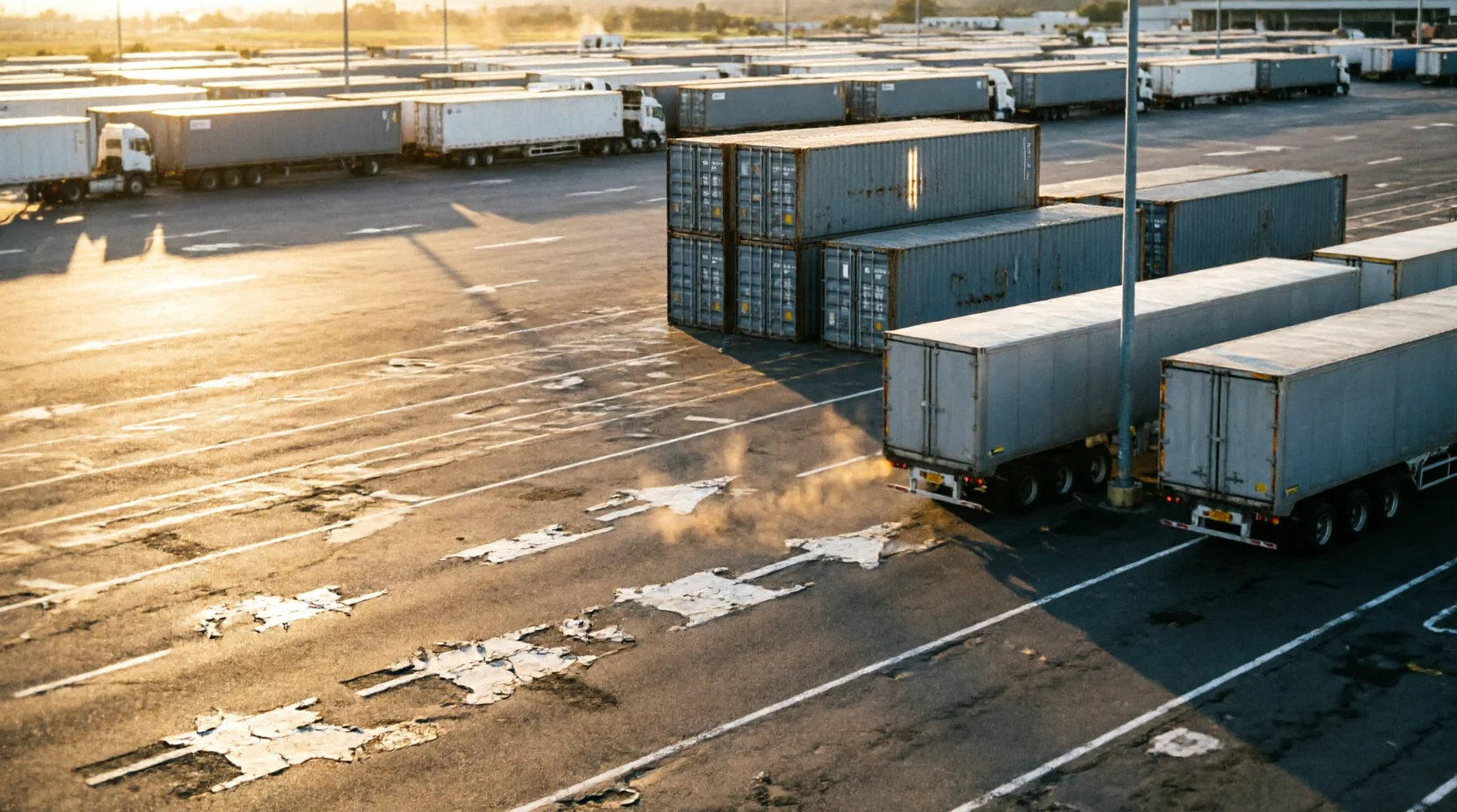 A queue of freight trucks waiting in a landside marshalling yard at an Australian port, shot from a slight elevation showing orderly lanes and stacked