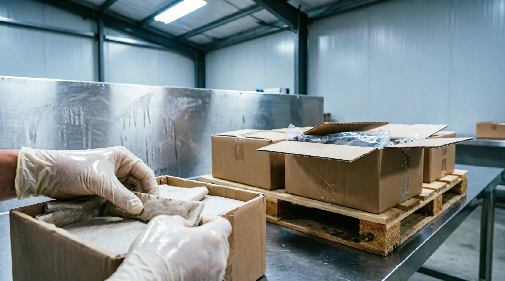 A biosecurity examination area within an Australian bonded warehouse, a single pallet of cartons partially unwrapped under bright inspection lighting,