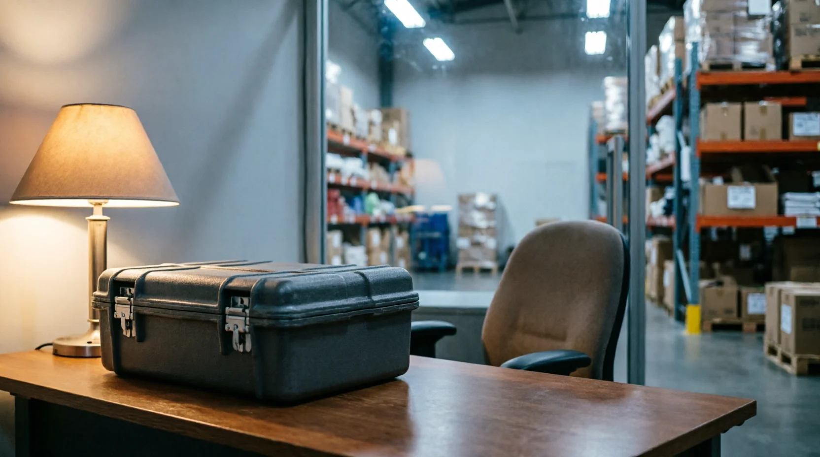 A warehouse claims-desk corner with a closed hard-shell shipping case sitting beside a small desk lamp, soft directional light from one side, a second