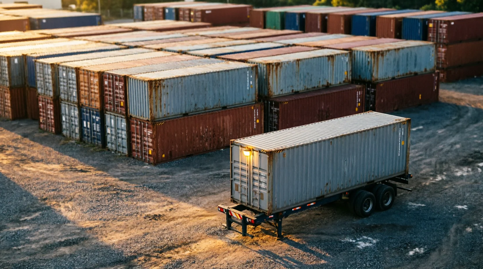 Rows of containers stacked in a storage yard at golden hour, one container conspicuously set apart on a chassis under a small overhead light as if awa