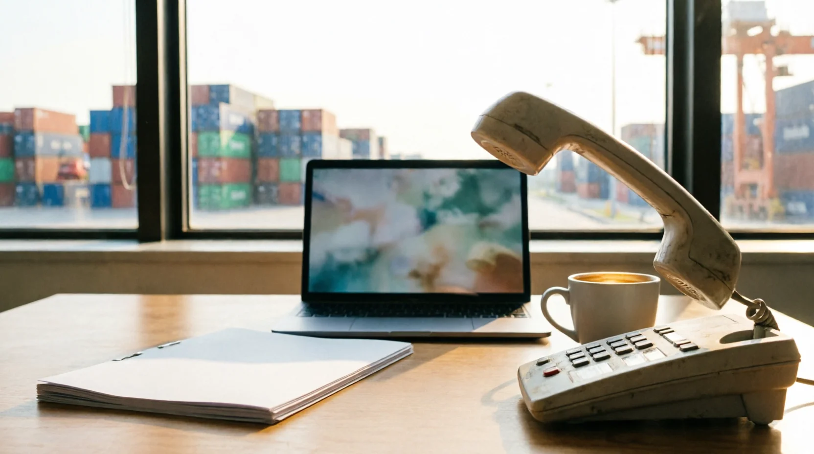 A freight forwarder's desk phone handset mid-lift in a small logistics office, morning light through a window overlooking a distant container yard, a