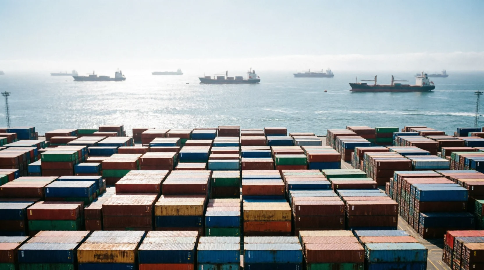 An elevated view over a congested Australian container terminal, stacks of containers extending toward the horizon with several ships waiting at ancho