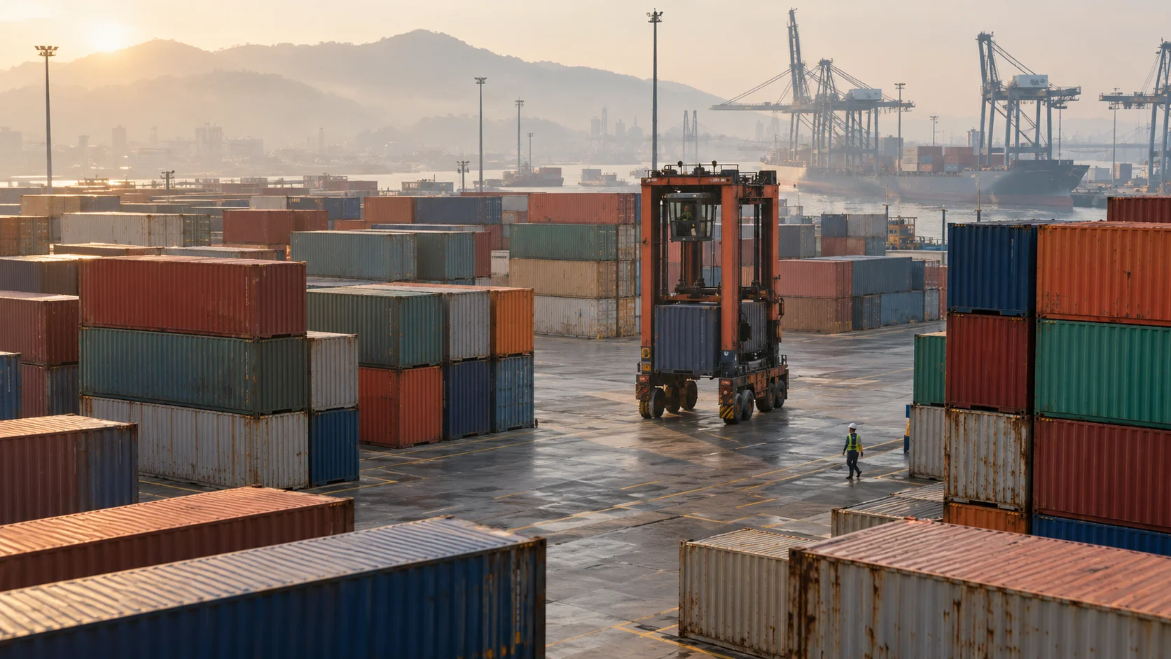 Container yard at a Southeast Asian regional port on a humid afternoon