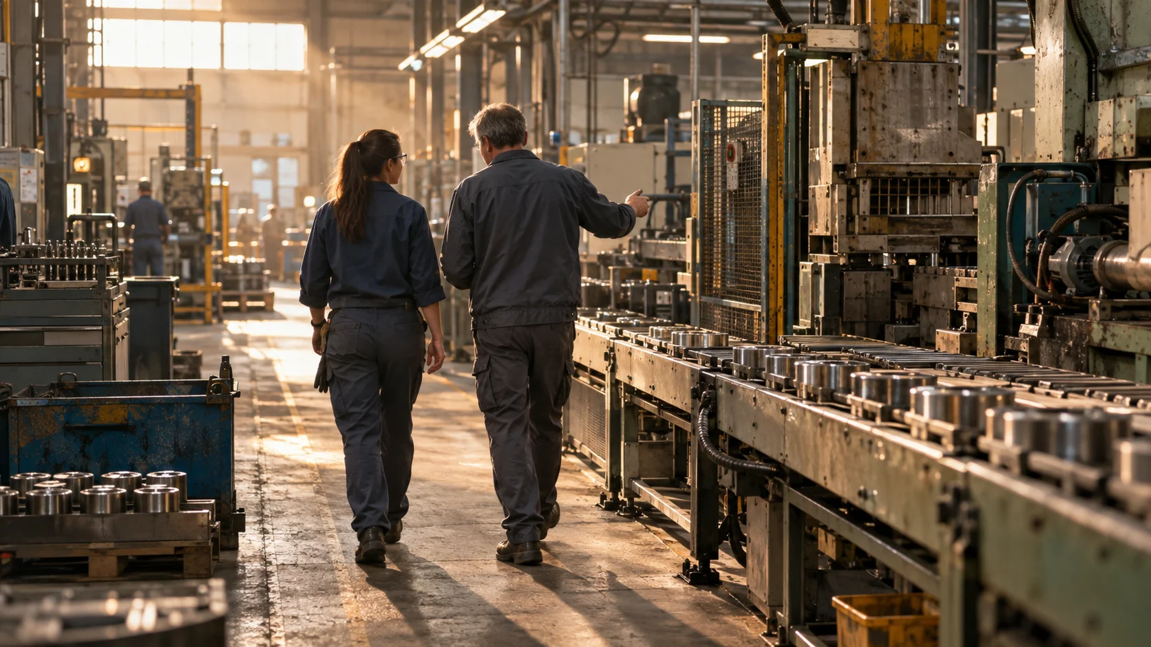 Two people walking together along a factory production line