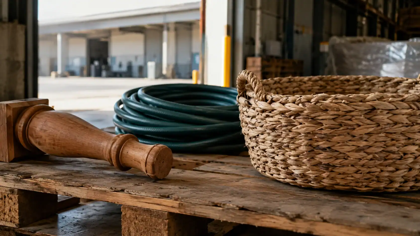 Wooden furniture leg, coiled garden hose, and woven seagrass basket staged on a warehouse pallet, examples of goods that trigger BICON checks