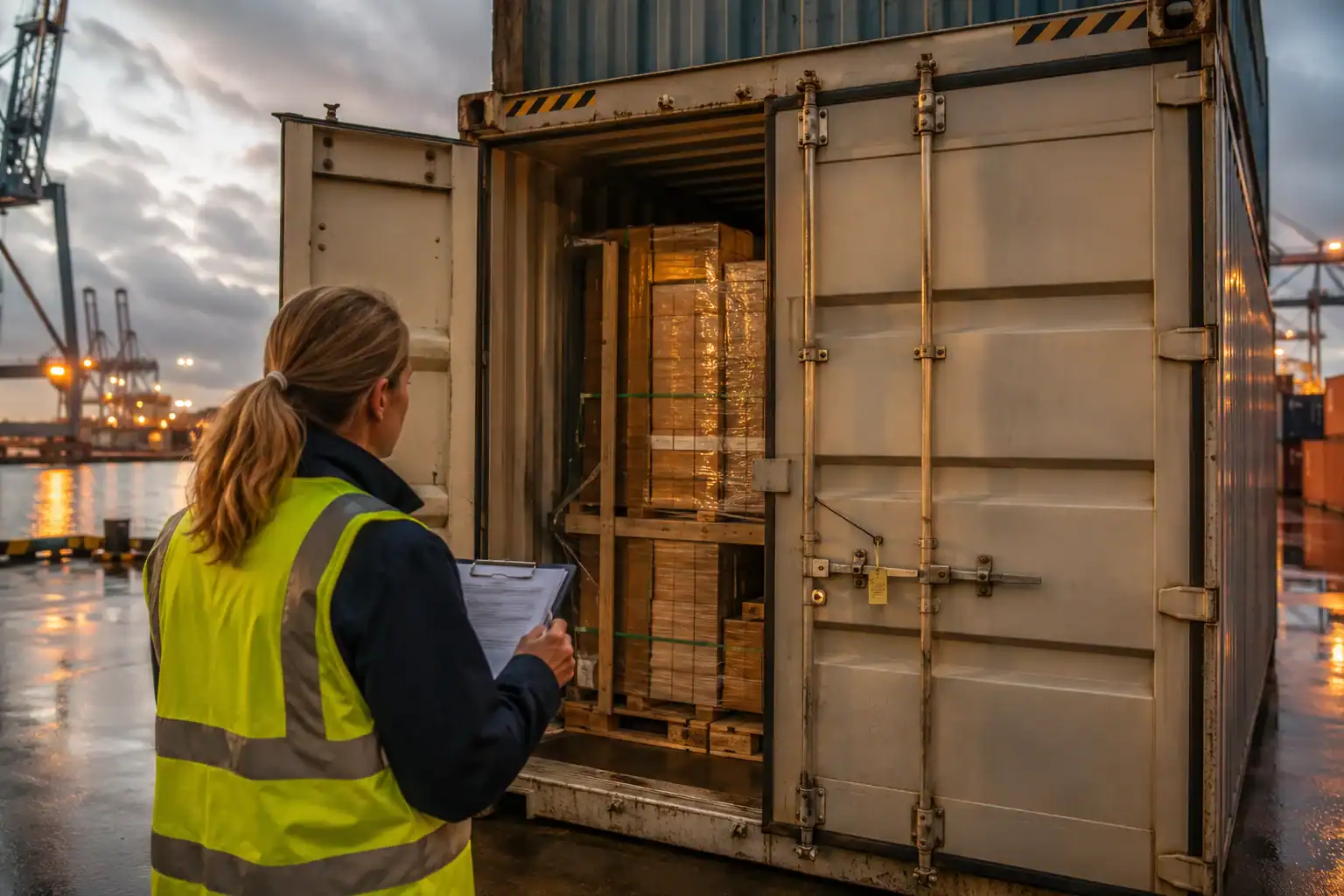 DAFF biosecurity inspector examining shipping container at Australian port
