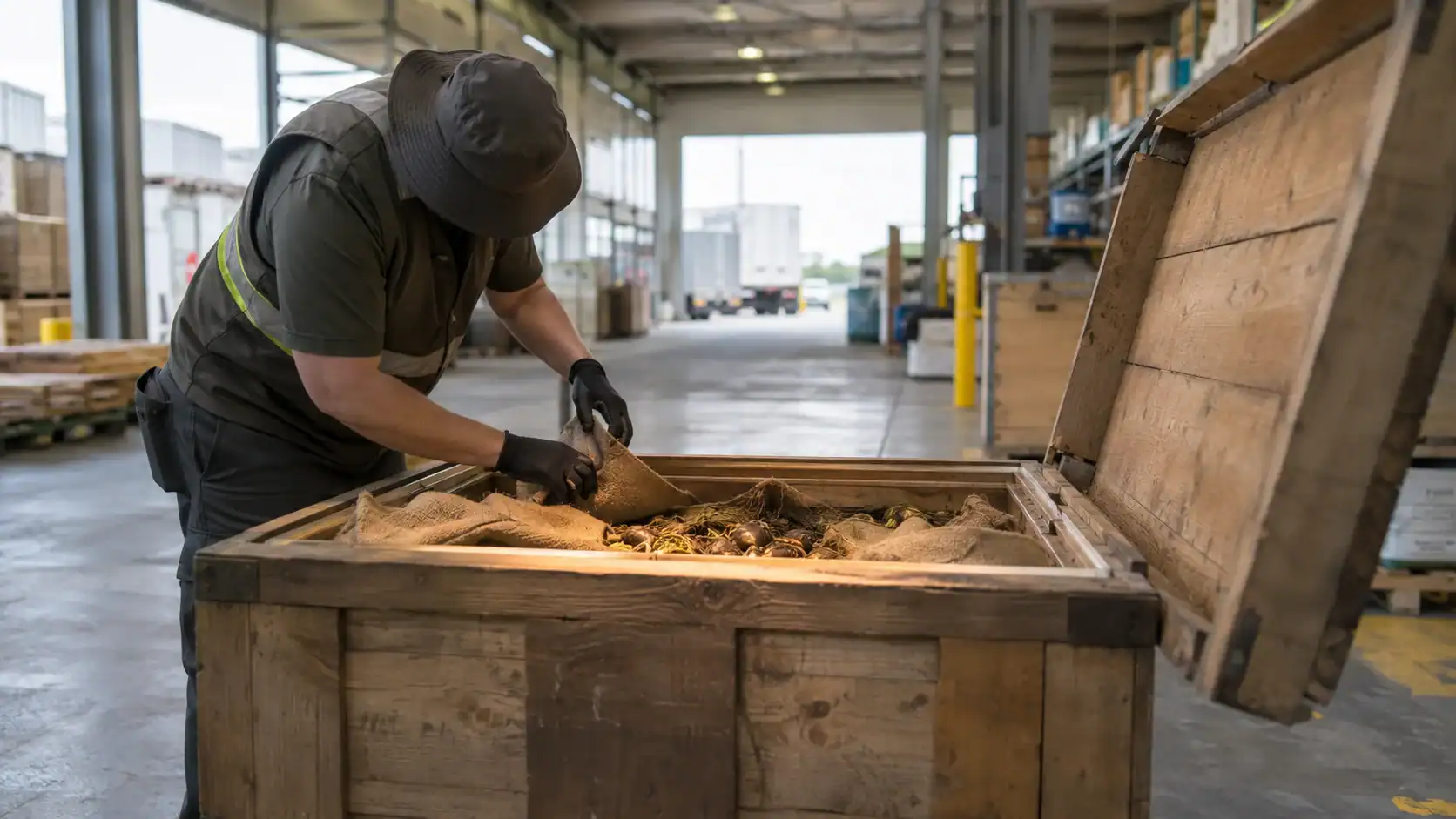 Biosecurity officer in protective gloves inspecting burlap-wrapped plant bulbs inside an opened wooden crate at a warehouse dock