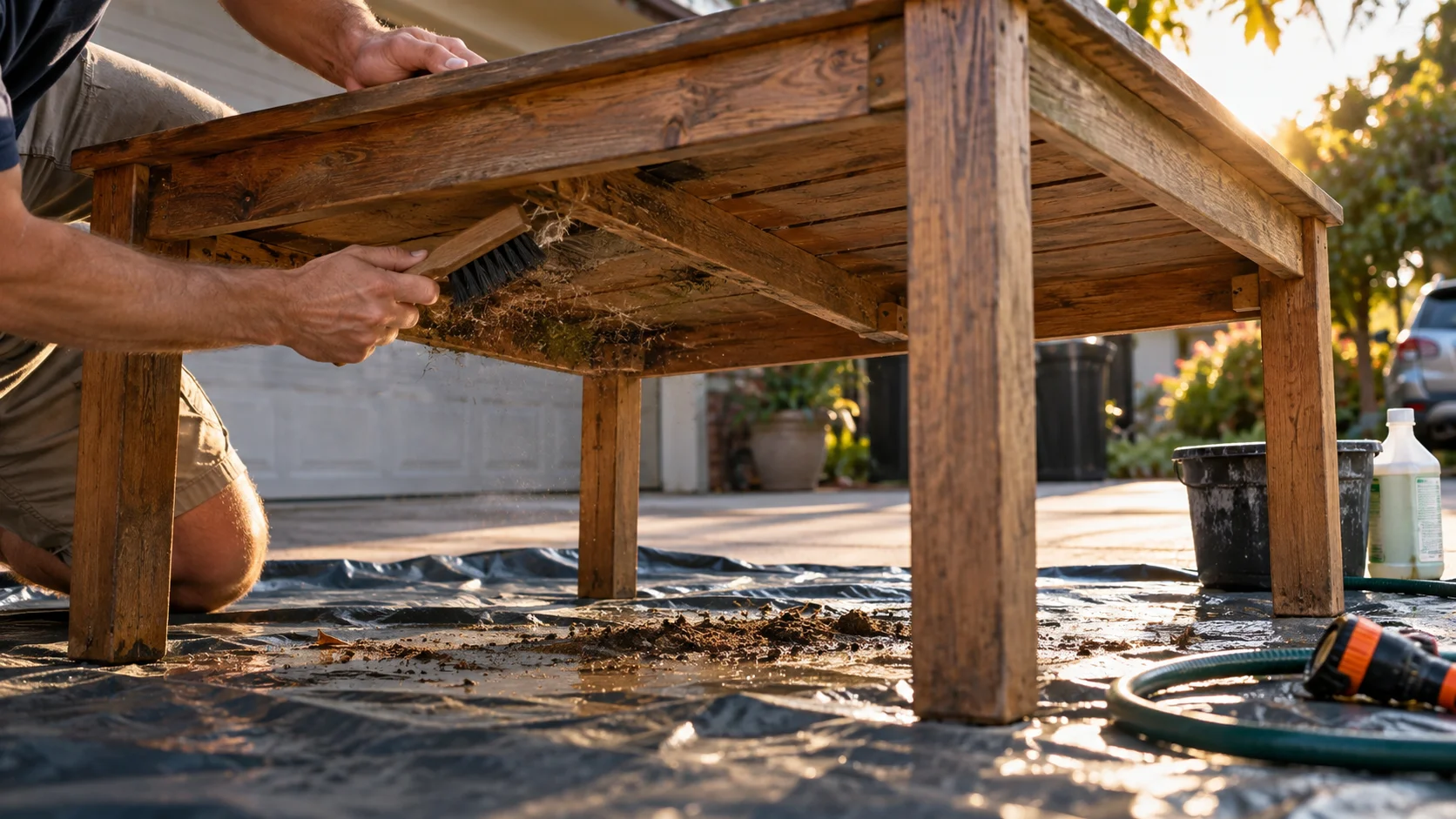 A pair of hands uses a stiff brush to clean visible soil from the underside of a wooden outdoor table before it's wrapped for shipping, the work happening on a tarp laid
