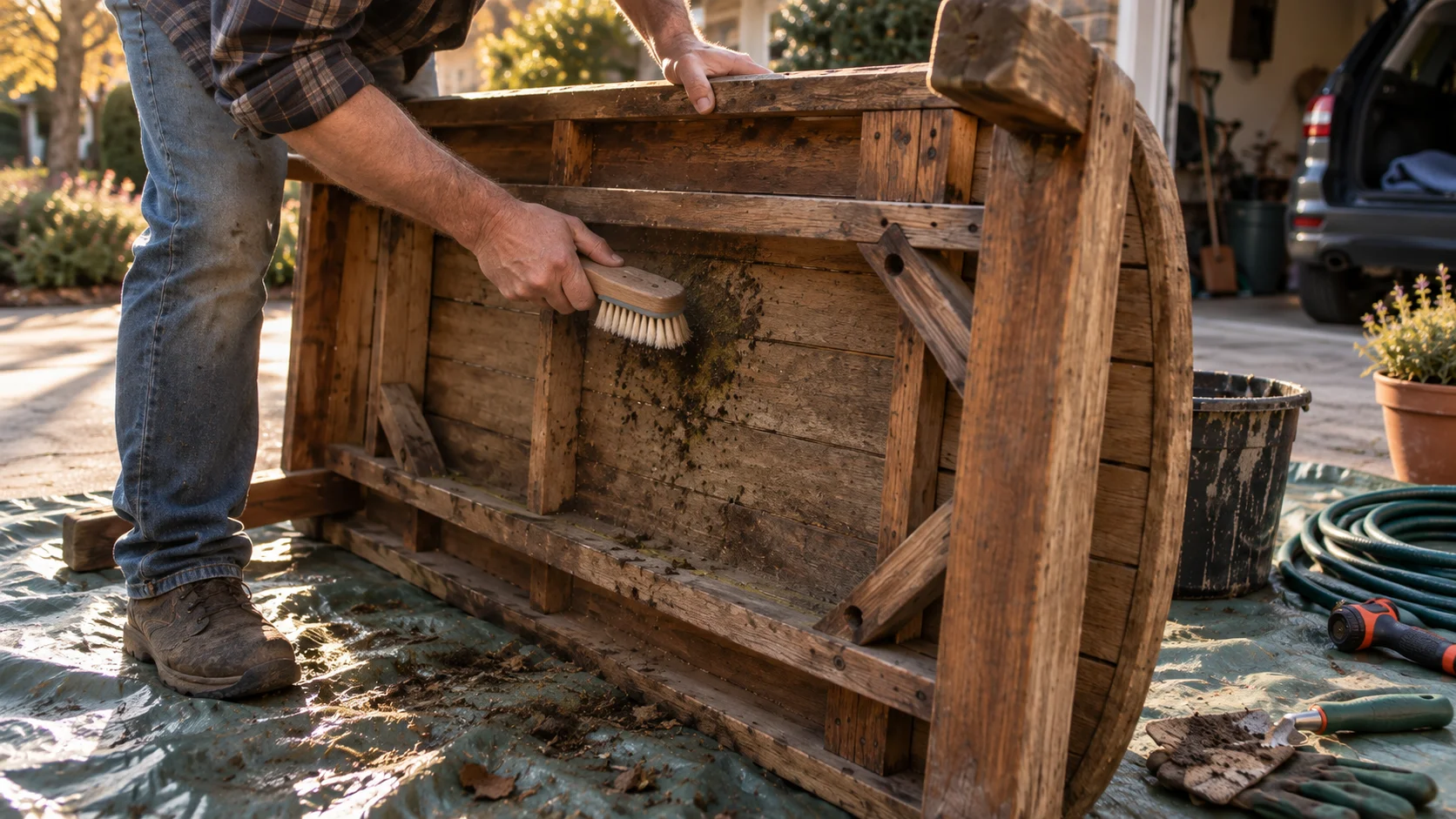Hands brushing soil from the underside of a wooden outdoor table before export