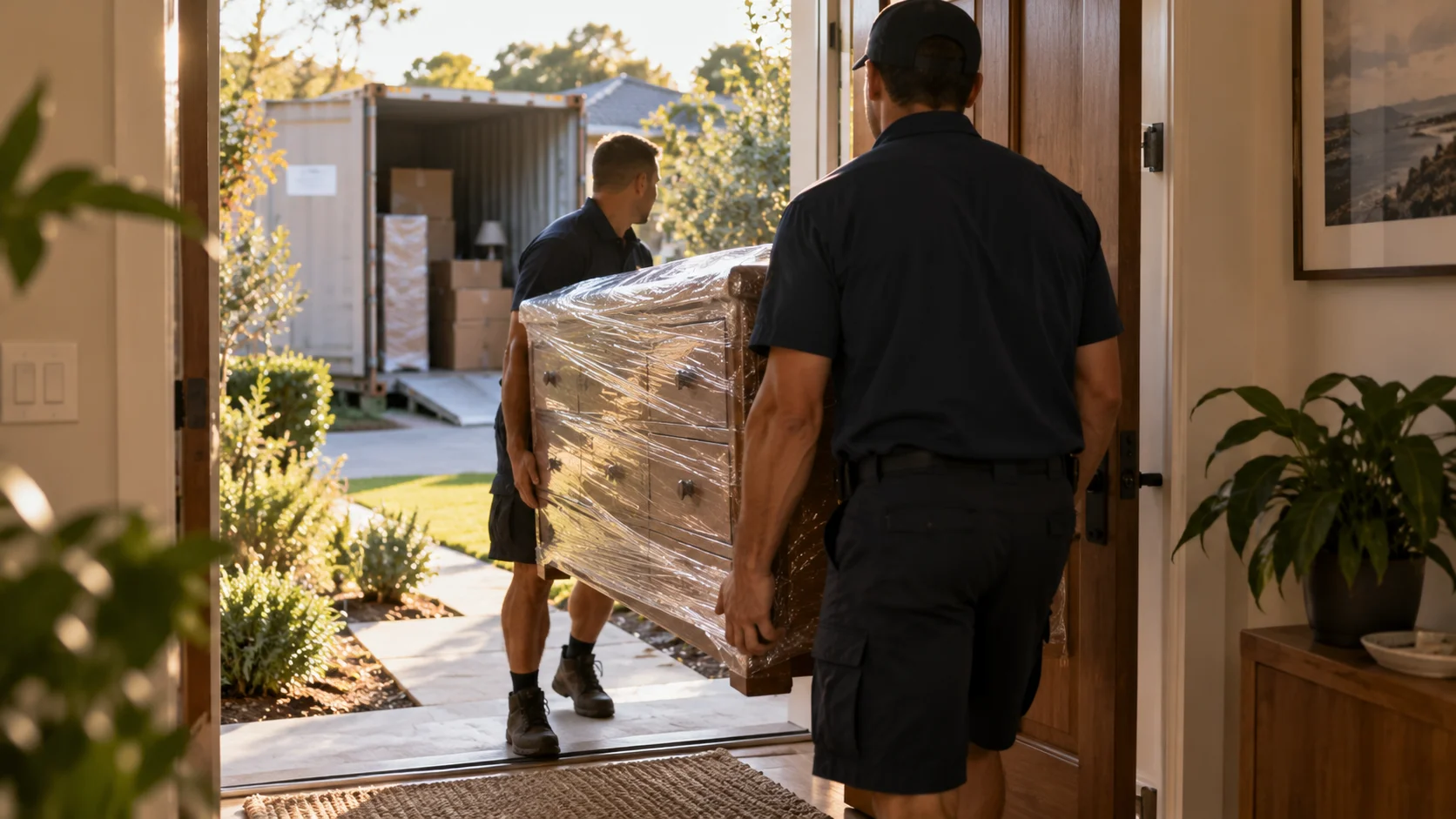 Movers carrying a container load of household goods into an Australian home